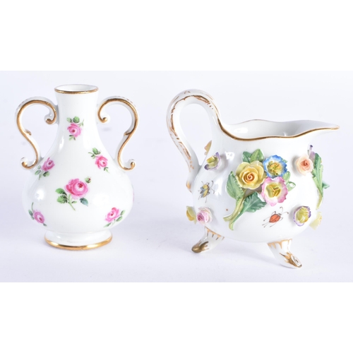 98 - A MINIATURE GERMAN MEISSEN PORCELAIN ENCRUSTED JUG together with a Meissen twin handled vase. 6.75 c... 