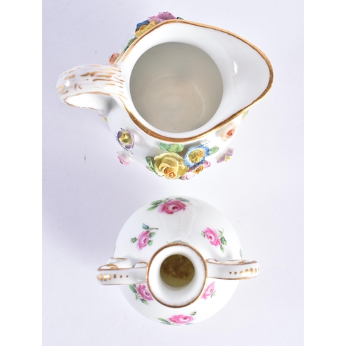 98 - A MINIATURE GERMAN MEISSEN PORCELAIN ENCRUSTED JUG together with a Meissen twin handled vase. 6.75 c... 