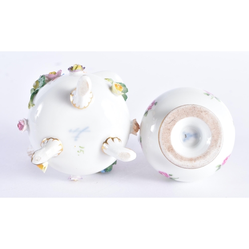 98 - A MINIATURE GERMAN MEISSEN PORCELAIN ENCRUSTED JUG together with a Meissen twin handled vase. 6.75 c... 