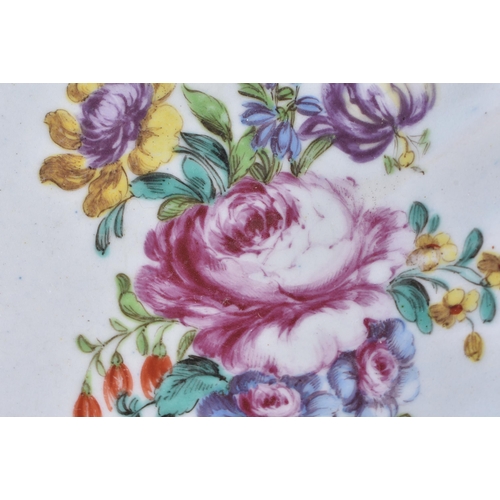 99 - A RARE 18TH CENTURY BOW PORCELAIN FLUTED DISH painted with flowers under a gilt dentil rim. 17.5cm w... 