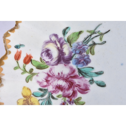 99 - A RARE 18TH CENTURY BOW PORCELAIN FLUTED DISH painted with flowers under a gilt dentil rim. 17.5cm w... 