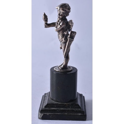 100 - AN ANTIQUE ENGLISH SILVER AND MARBLE FIGURE OF A PUTTI. 147 grams overall. 11 cm high.