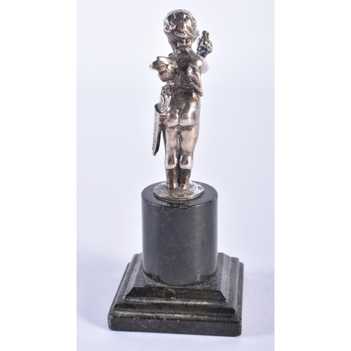 100 - AN ANTIQUE ENGLISH SILVER AND MARBLE FIGURE OF A PUTTI. 147 grams overall. 11 cm high.