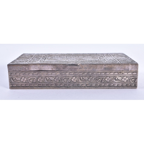 101 - AN ANTIQUE CONTINENTAL WHITE METAL ENGRAVED BOX. 133 grams. 10.5 cm x 6.5 cm.