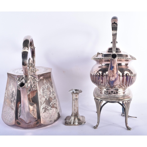 109 - AN ANTIQUE ENGLISH SILVER CANDLESTICK together with two teapots. (3)