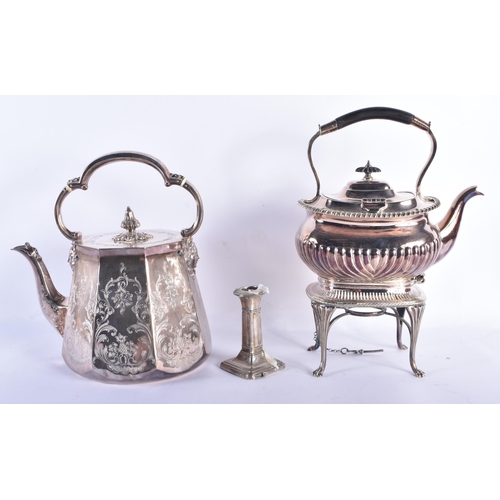 109 - AN ANTIQUE ENGLISH SILVER CANDLESTICK together with two teapots. (3)