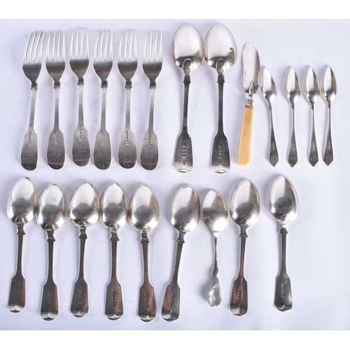 110 - ASSORTED ANTIQUE ENGLISH SILVER FLATWARE together with a Chinese silver spoon etc. 1107 grams. (qty)