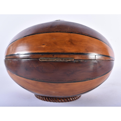 127 - A RARE LATE VICTORIAN/EDWARDIAN NOVELTY RUGBY BALL CASKET with fitted interior, formed from burr wal... 