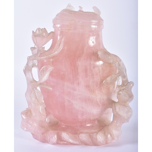 130 - A 19TH CENTURY CHINESE CARVED ROSE QUARTZ VASE AND COVER Qing. 17 cm x 11 cm.