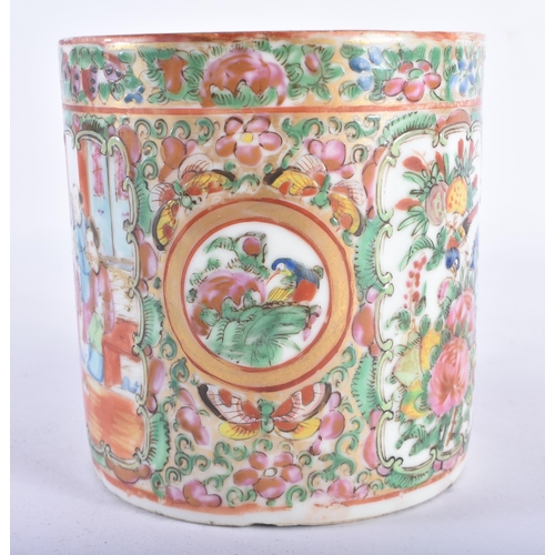 133 - A 19TH CENTURY CHINESE CANTON FAMILLE ROSE PORCELAIN MUG Qing, painted with figures, birds and folia... 