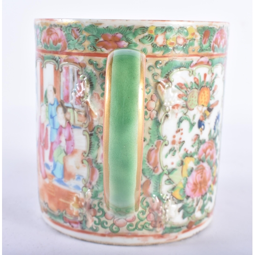 133 - A 19TH CENTURY CHINESE CANTON FAMILLE ROSE PORCELAIN MUG Qing, painted with figures, birds and folia... 