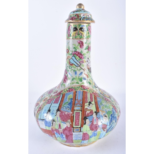 137 - A LARGE 19TH CENTURY CHINESE CANTON FAMILLE ROSE BOTTLE NECK VASE AND COVER Qing, painted with typic... 