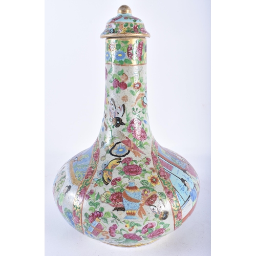 137 - A LARGE 19TH CENTURY CHINESE CANTON FAMILLE ROSE BOTTLE NECK VASE AND COVER Qing, painted with typic... 