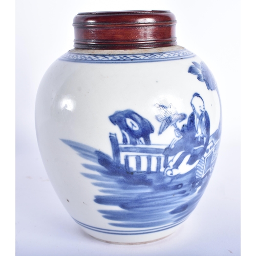 160 - A 19TH CENTURY CHINESE BLUE AND WHITE PORCELAIN GINGER JAR AND COVER Qing, painted with two figures ... 