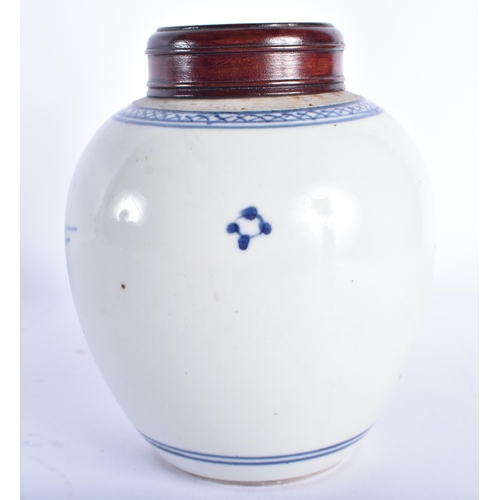 160 - A 19TH CENTURY CHINESE BLUE AND WHITE PORCELAIN GINGER JAR AND COVER Qing, painted with two figures ... 