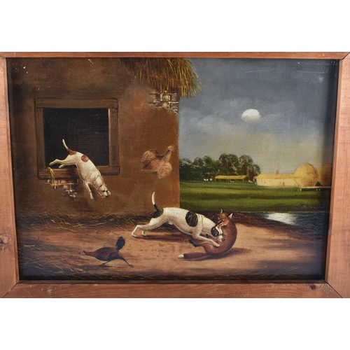 163 - English School (Early 19th Century) Pair, Folk Art, Oil on board, Hounds, Foxes and Fowl in a farmya... 