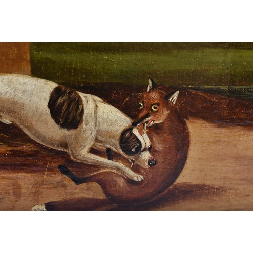 163 - English School (Early 19th Century) Pair, Folk Art, Oil on board, Hounds, Foxes and Fowl in a farmya... 