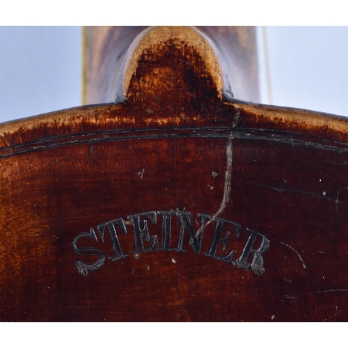 173 - Antique Violin Steiner 1880s Copy Two Piece Back w/ Hard Case & Bow. 58.5 cm long, length of back no... 