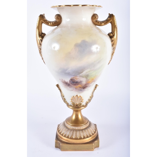 176 - A LOVELY ROYAL WORCESTER TWIN HANDLED HARRY DAVIS PORCELAIN VASE painted with sheep within a landsca... 