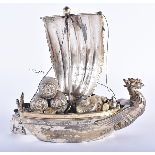 179 - A LOVELY AND UNUSUAL EARLY 20TH CENTURY JAPANESE MEIJI PERIOD SILVER BOAT formed with a hoard of tre... 