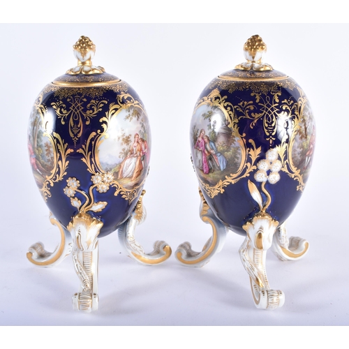 182 - A FINE PAIR OF 19TH CENTURY MEISSEN EGG FORM PORCELAIN VASES AND COVERS painted with lovers on a dee... 