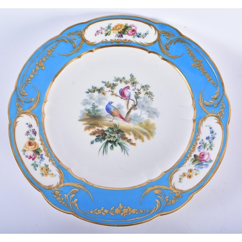 186 - A SET OF FOUR 19TH CENTURY FRENCH SEVRES PORCELAIN PLATES painted with birds under a typical blue an... 