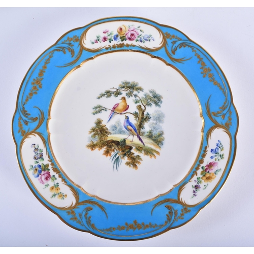 186 - A SET OF FOUR 19TH CENTURY FRENCH SEVRES PORCELAIN PLATES painted with birds under a typical blue an... 