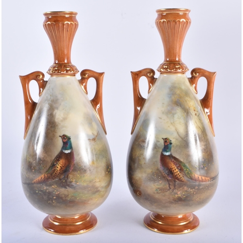 189 - A PAIR OF ROYAL WORCESTER TWIN HANDLED PORCELAIN VASES by James Stinton, painted with game birds. 21... 