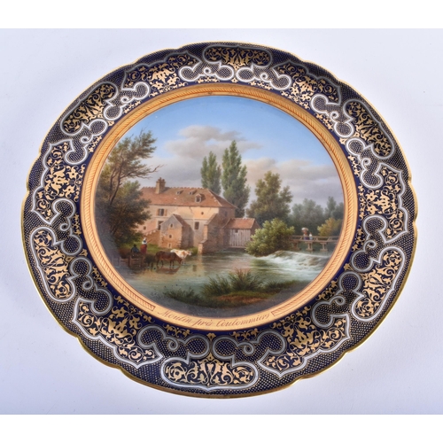 191 - AN UNUSUAL 19TH CENTURY FRENCH SEVRES PORCELAIN CABINET PLATE painted with a loch scene, under a ric... 