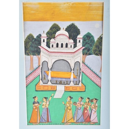 194 - Indian School (19th/20th Century) Oil on paper, Females before a temple. Image 34 cm x 20 cm.