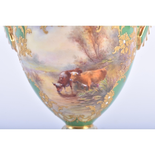 203 - A ROYAL WORCESTER TWIN HANDLED PORCELAIN VASE AND COVER by Harry Stinton. 18 cm x 12 cm.