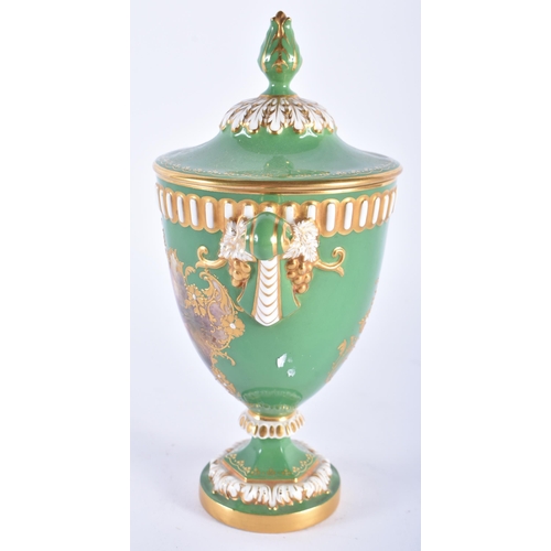 203 - A ROYAL WORCESTER TWIN HANDLED PORCELAIN VASE AND COVER by Harry Stinton. 18 cm x 12 cm.