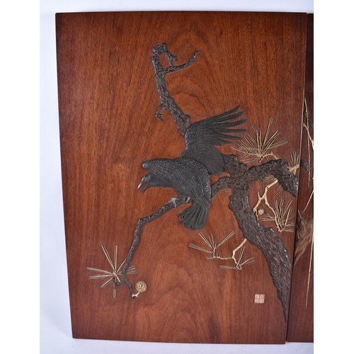 222 - A FINE PAIR OF 19TH CENTURY JAPANESE MEIJI PERIOD CARVED HARDWOOD PLAQUES beautifully overlaid with ... 