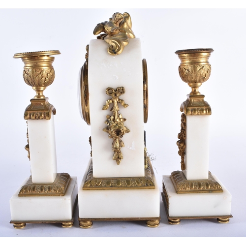 224 - A LATE 19TH CENTURY FRENCH ORMOLU AND MARBLE CLOCK GARNITURE overlaid with ribbons. Largest 21 cm hi... 