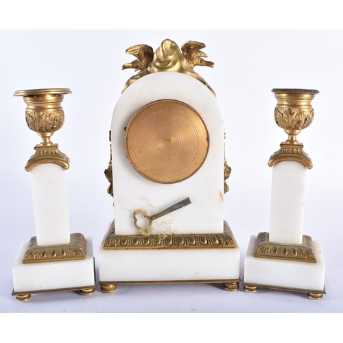 224 - A LATE 19TH CENTURY FRENCH ORMOLU AND MARBLE CLOCK GARNITURE overlaid with ribbons. Largest 21 cm hi... 