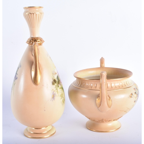 225 - A ROYAL WORCESTER BLUSH IVORY VASE together with a similar bowl. Largest 22 cm high. (2)