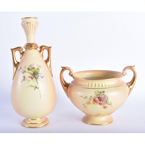 225 - A ROYAL WORCESTER BLUSH IVORY VASE together with a similar bowl. Largest 22 cm high. (2)