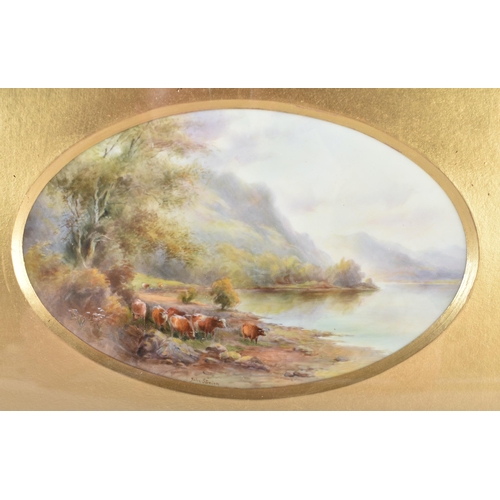 241 - A PAIR OF ROYAL WORCESTER PORCELAIN LANDSCAPE CATTLE PLAQUES by John Stinton. 37 cm x 30 cm.