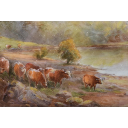 241 - A PAIR OF ROYAL WORCESTER PORCELAIN LANDSCAPE CATTLE PLAQUES by John Stinton. 37 cm x 30 cm.