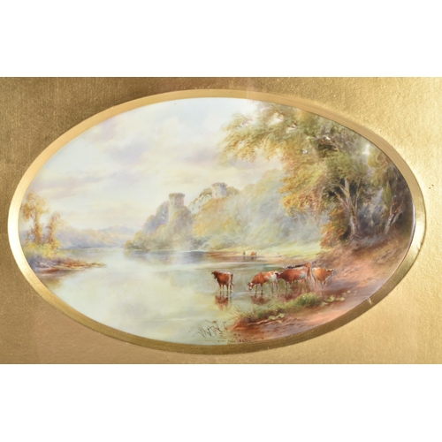 241 - A PAIR OF ROYAL WORCESTER PORCELAIN LANDSCAPE CATTLE PLAQUES by John Stinton. 37 cm x 30 cm.