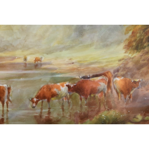 241 - A PAIR OF ROYAL WORCESTER PORCELAIN LANDSCAPE CATTLE PLAQUES by John Stinton. 37 cm x 30 cm.