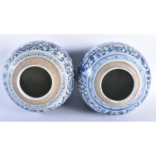 242 - A PAIR OF 19TH CENTURY CHINESE BLUE AND WHITE PORCELAIN GINGER JARS Qing. Largest 24 cm x 19 cm.