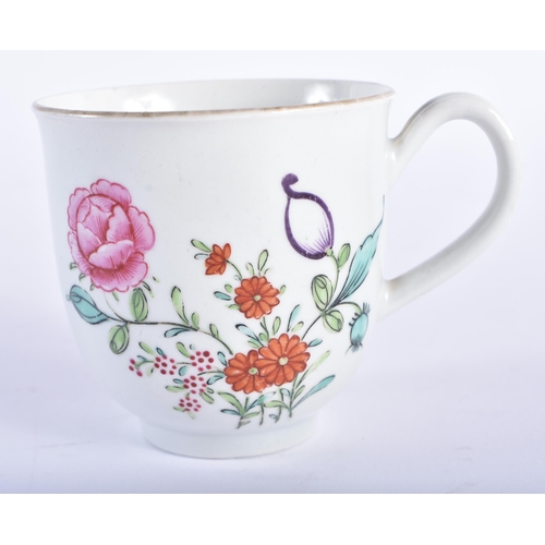 249 - 18th century Worcester coffee cup and two saucers enamelled with flowers. Largest 11.75 cm diameter.... 