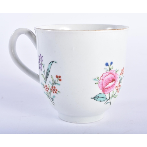 249 - 18th century Worcester coffee cup and two saucers enamelled with flowers. Largest 11.75 cm diameter.... 