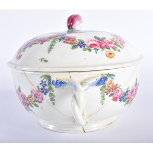 250 - 18th century Sevres style broth bowl cover and stand with elaborate decoration. 16 cm diameter. (3)