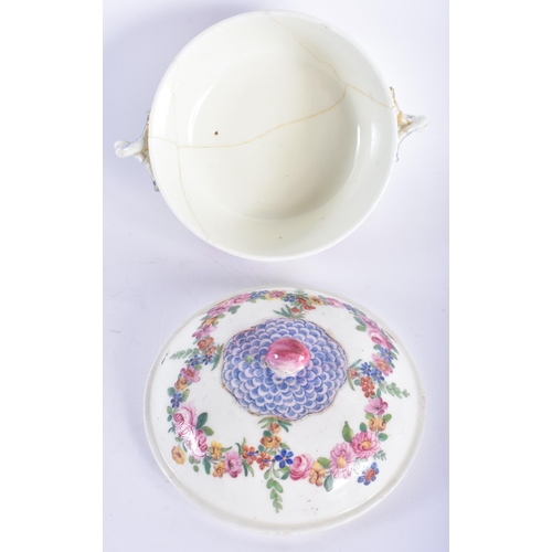 250 - 18th century Sevres style broth bowl cover and stand with elaborate decoration. 16 cm diameter. (3)