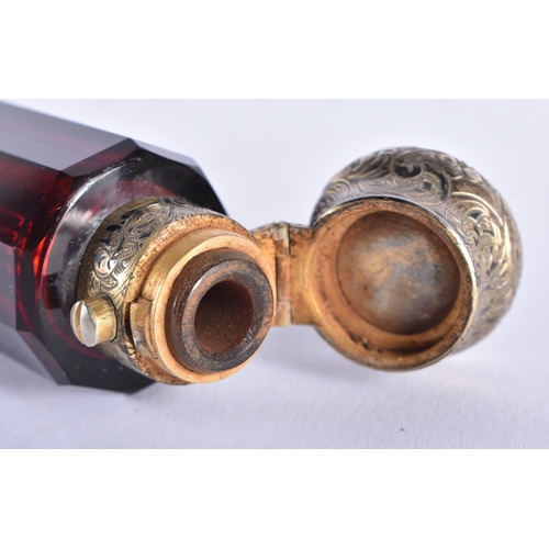 270 - A VICTORIAN SILVER MOUNTED RUBY GLASS SCENT BOTTLE. 153 grams overall. 13 cm long.