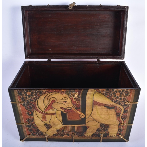 280 - A LOVELY TIBETAN PAINTED COUNTRY HOUSE BRONZE MOUNTED TABLE CHEST painted with an elephant and buddh... 