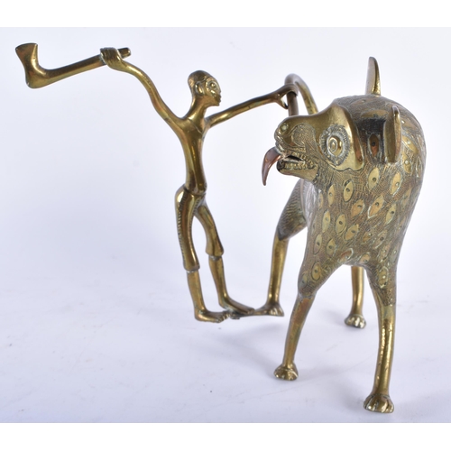 283 - Vintage Brass Hyena & Hunter African Ornament Figure. 16 cm x 16 cm.