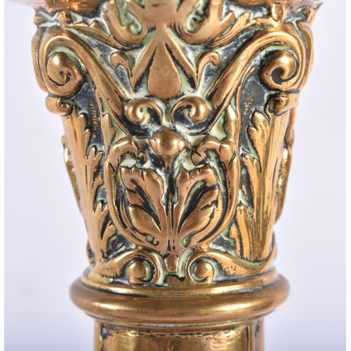 286 - Elkington Bronze Candlestick Holder Pair Ornate Floral Detailed Gold Plated. 31 cm high.